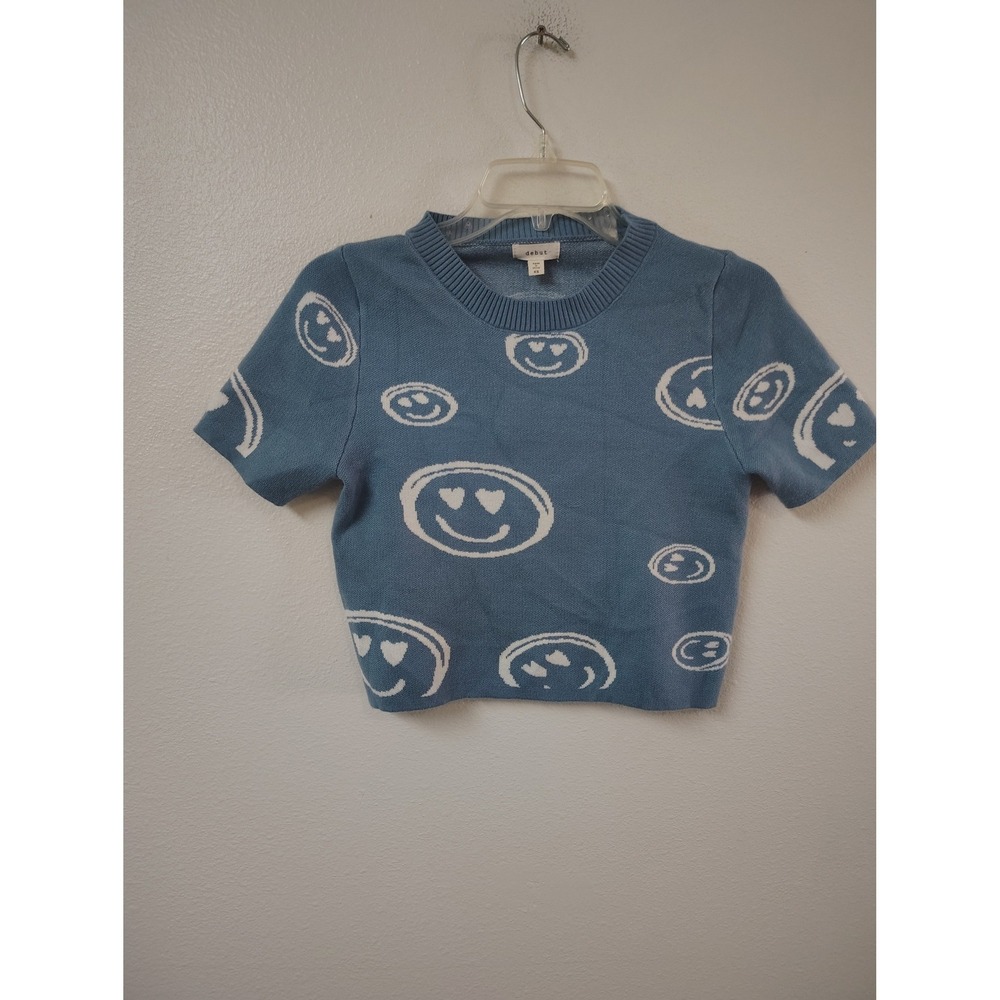 Debut Womens Blue Heart Eye Smiley Face Knit Crop Top Short Sleeve Sweater XS